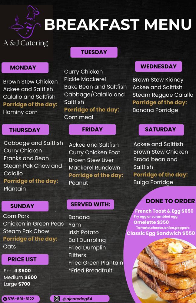 Kitchen Hut weekly breakfast menu board